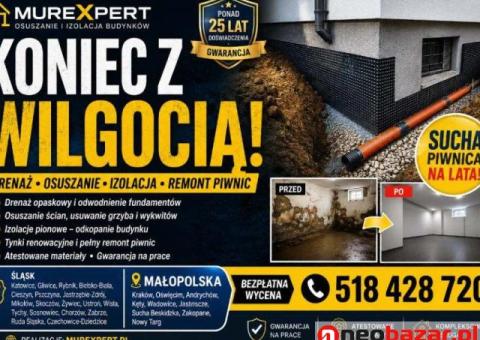 Osuszanie budynków, izolacja fundamentów, iniekcja krystaliczna, podcinanie ścian Śląsk / Małopolska - 1/4